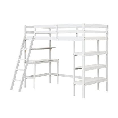 Twin Size Loft Bed With Desk, Bookshelves, White Bunk Bed Frame at Gallery Canada
