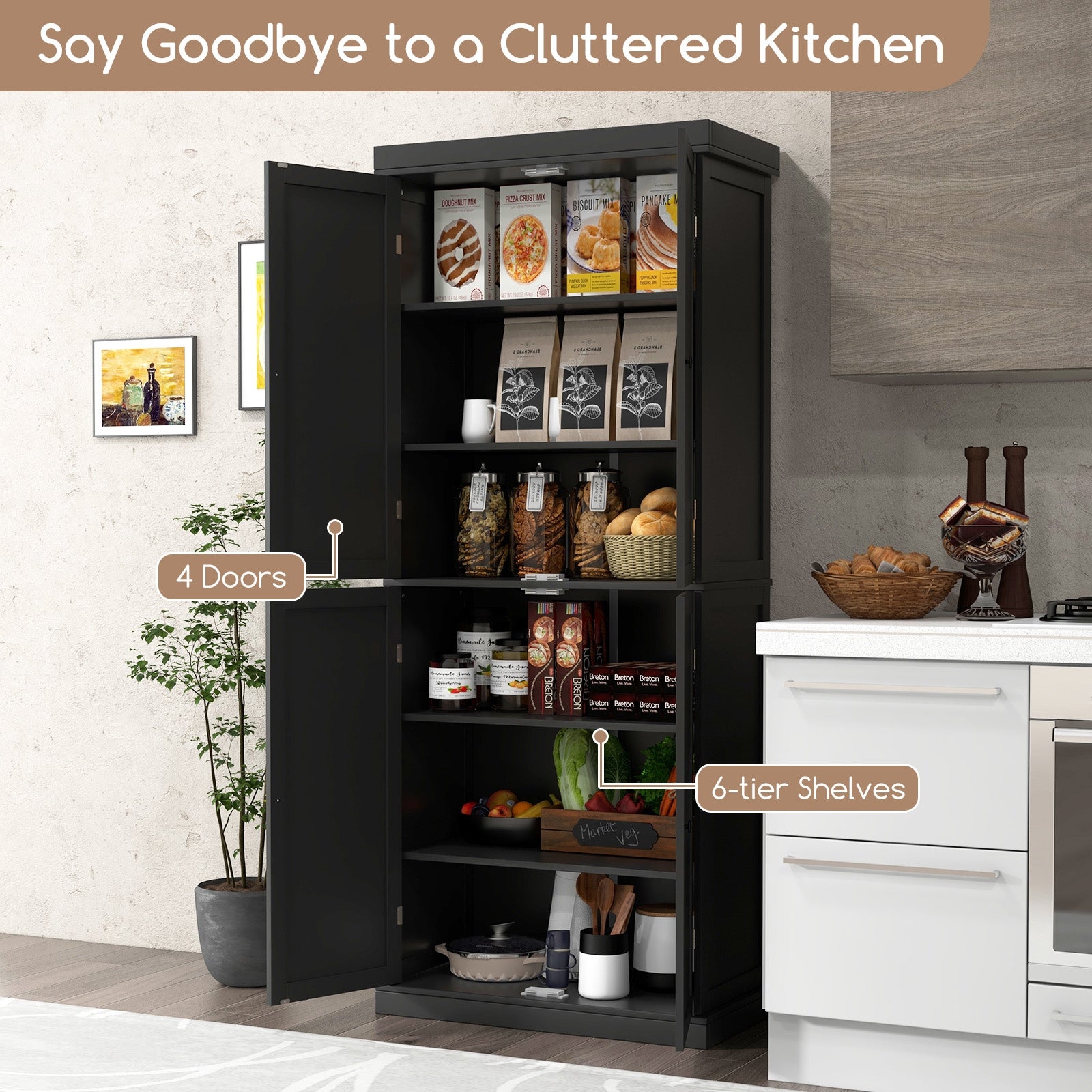 72.5” Tall Buffet Cabinet with 6-Tier Shelves and 4 Doors, Black Sideboards Cabinets & Buffets at Gallery Canada
