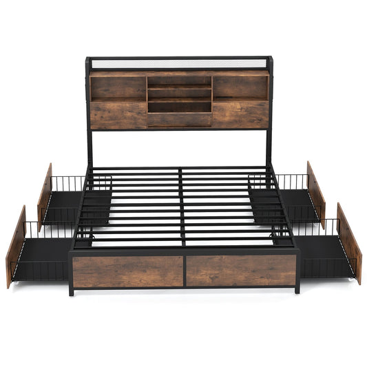 Full/Queen Size Bed Frame with Bookcase Headboard and 4 Storage Drawers-Queen Size, Rustic Brown - Gallery Canada