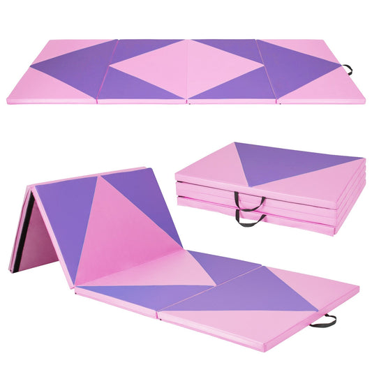 4-Panel PU Leather Folding Exercise Gym Mat with Hook and Loop Fasteners, Pink & Purple