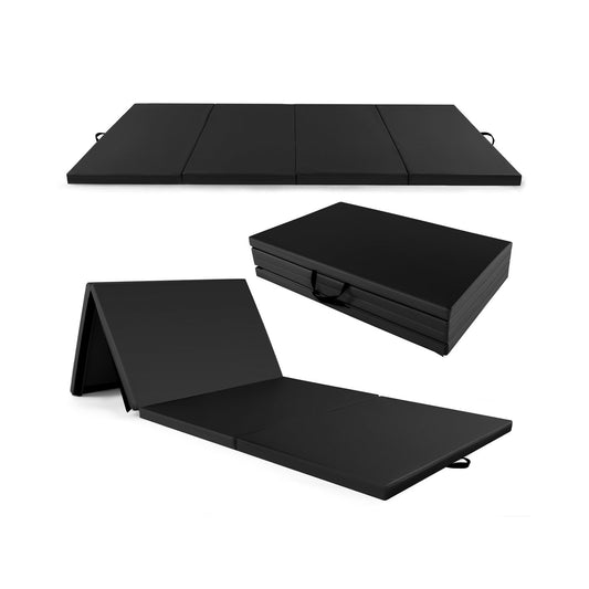 4-Panel PU Leather Folding Exercise Mat with Carrying Handles, Black