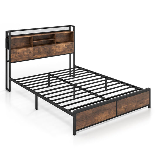 Full/Queen Size Bed Frame with 3-Tier Bookcase Headboard and Charging Station-Queen Size, Rustic Brown - Gallery Canada