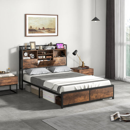 Full/Queen Size Bed Frame with 3-Tier Bookcase Headboard and Charging Station-Full Size, Rustic Brown - Gallery Canada