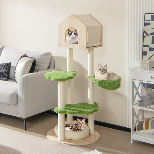 55 Inch Tall Cat Climbing Stand with Sisal Scratching Posts and Soft Cat Bed for Indoor Kittens, Green - Gallery Canada