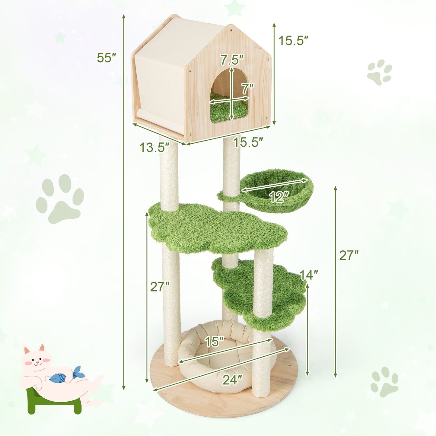 55 Inch Tall Cat Climbing Stand with Sisal Scratching Posts and Soft Cat Bed for Indoor Kittens, Green Cat Trees Condos & Scratchers at Gallery Canada