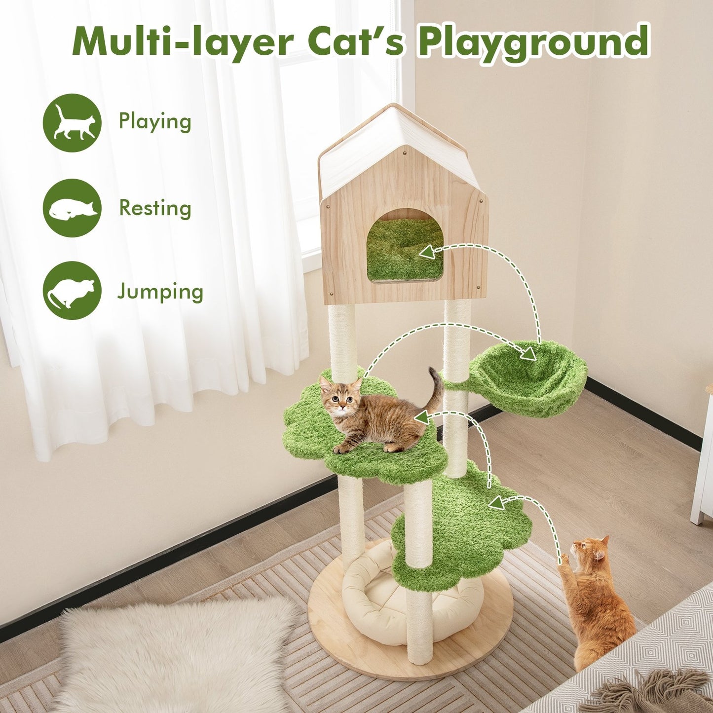 55 Inch Tall Cat Climbing Stand with Sisal Scratching Posts and Soft Cat Bed for Indoor Kittens, Green