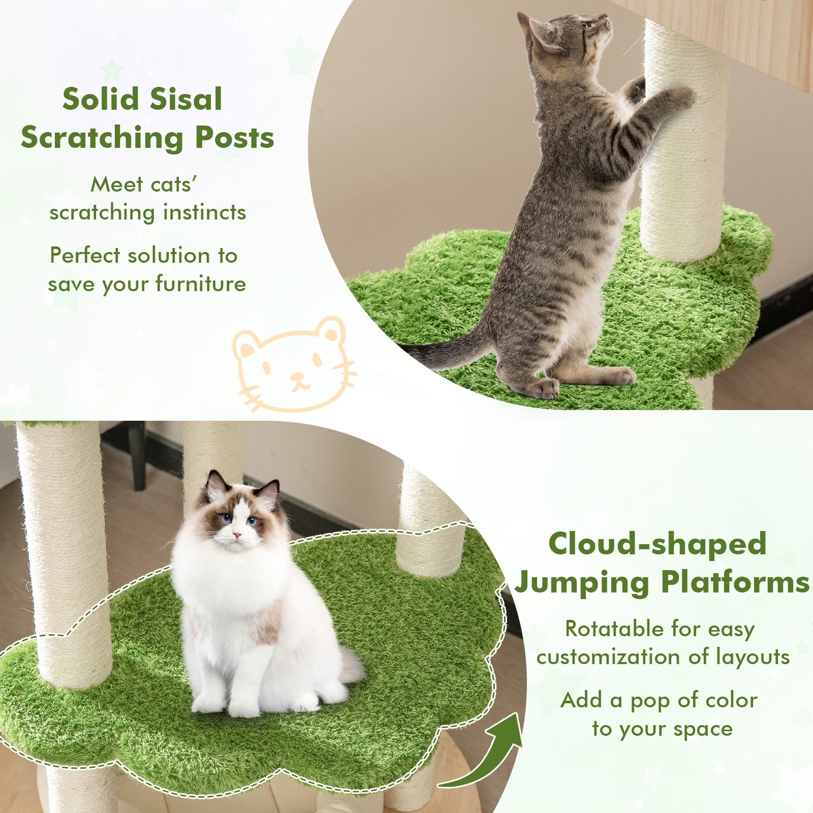 55 Inch Tall Cat Climbing Stand with Sisal Scratching Posts and Soft Cat Bed for Indoor Kittens, Green Cat Trees Condos & Scratchers at Gallery Canada