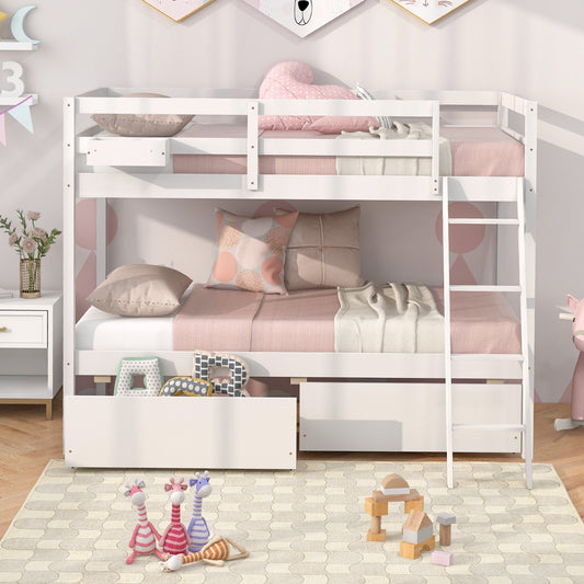 Twin Over Twin Bunk Bed Wood Bed Frame with 2 Storage Drawers and Ladder, White - Gallery Canada