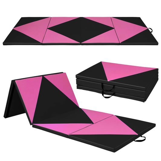4-Panel PU Leather Folding Exercise Gym Mat with Hook and Loop Fasteners, Black & Pink
