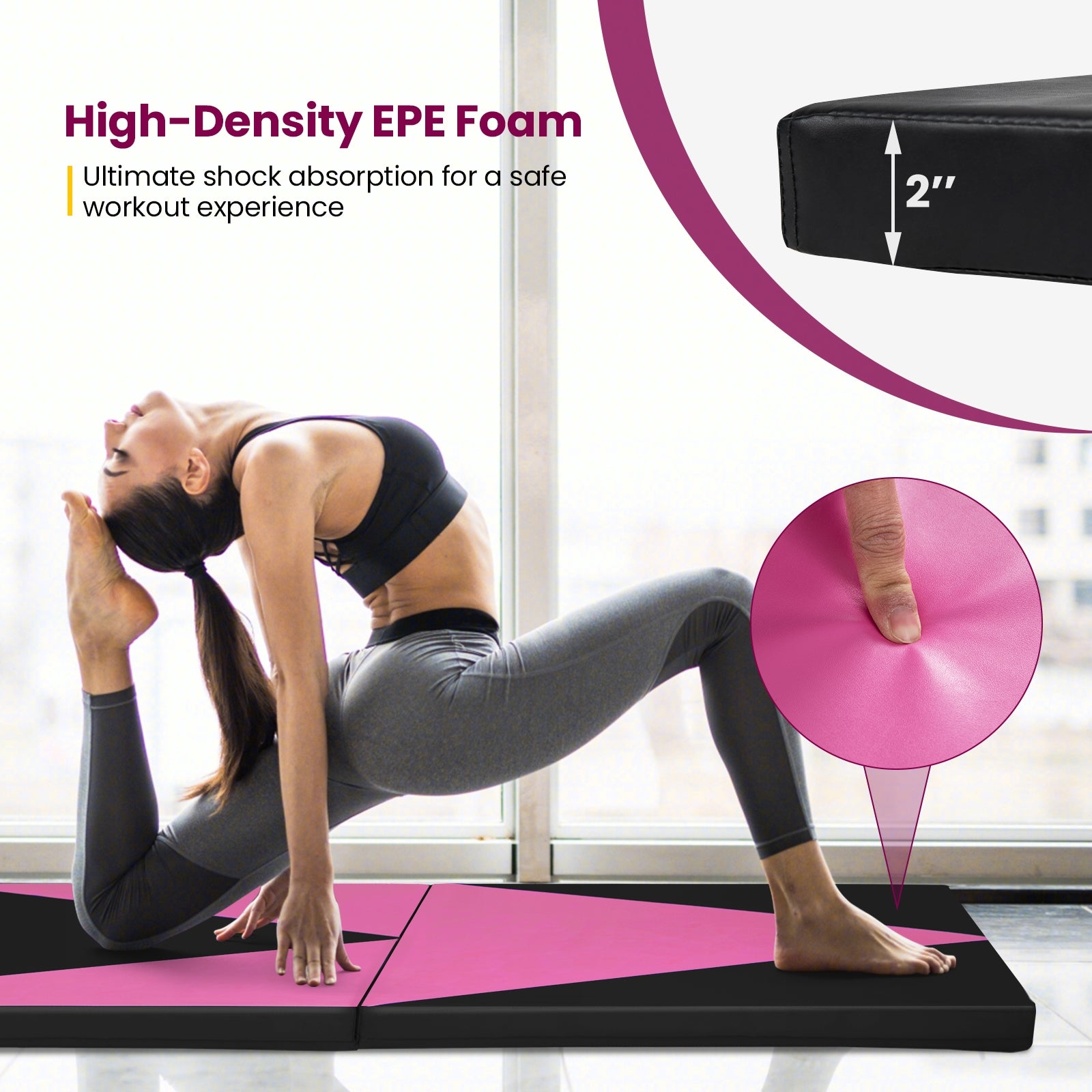 4-Panel PU Leather Folding Exercise Gym Mat with Hook and Loop Fasteners, Black & Pink Yoga & Gym Mats at Gallery Canada