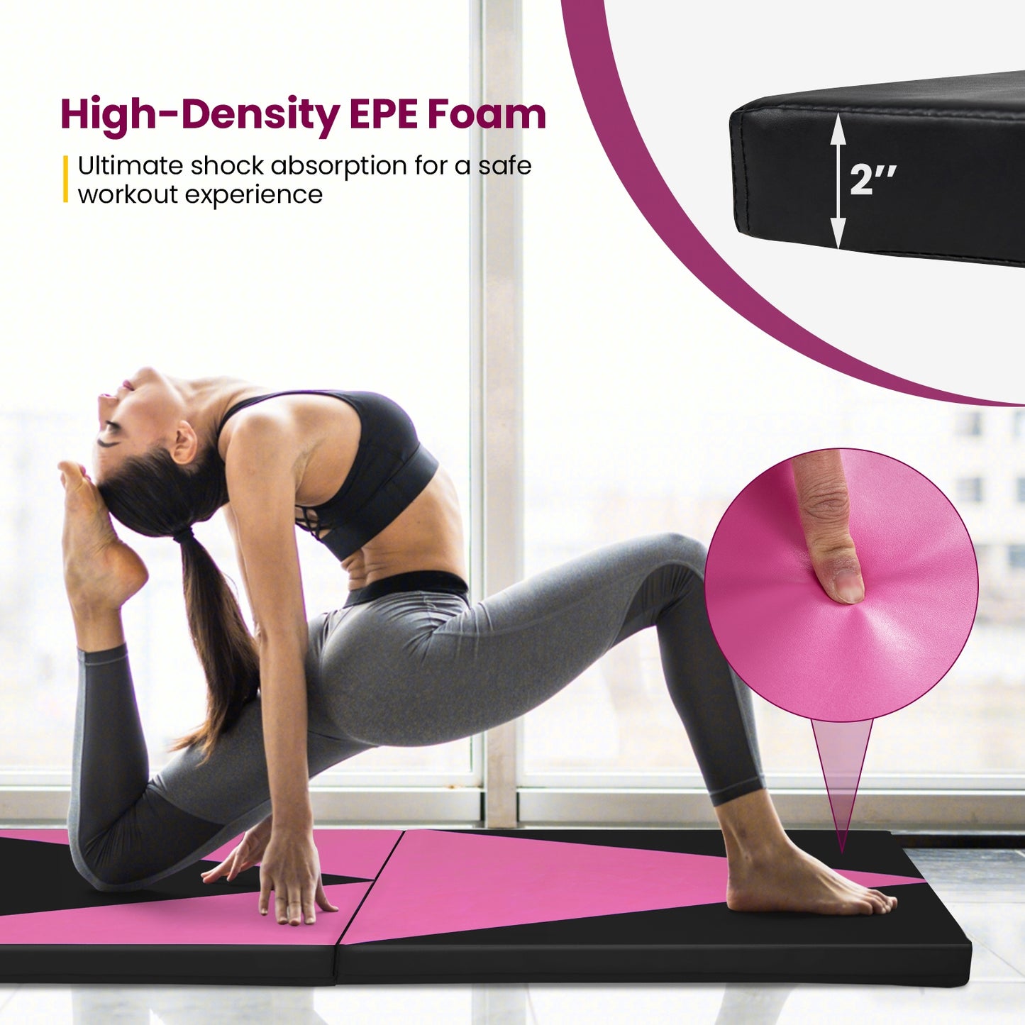 4-Panel PU Leather Folding Exercise Gym Mat with Hook and Loop Fasteners, Black & Pink Yoga & Gym Mats at Gallery Canada