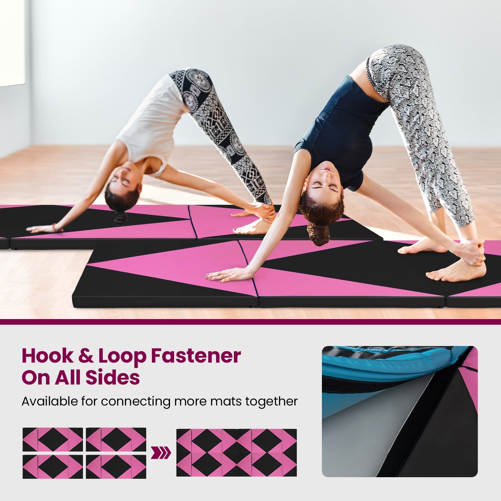 4-Panel PU Leather Folding Exercise Gym Mat with Hook and Loop Fasteners, Black & Pink Yoga & Gym Mats at Gallery Canada