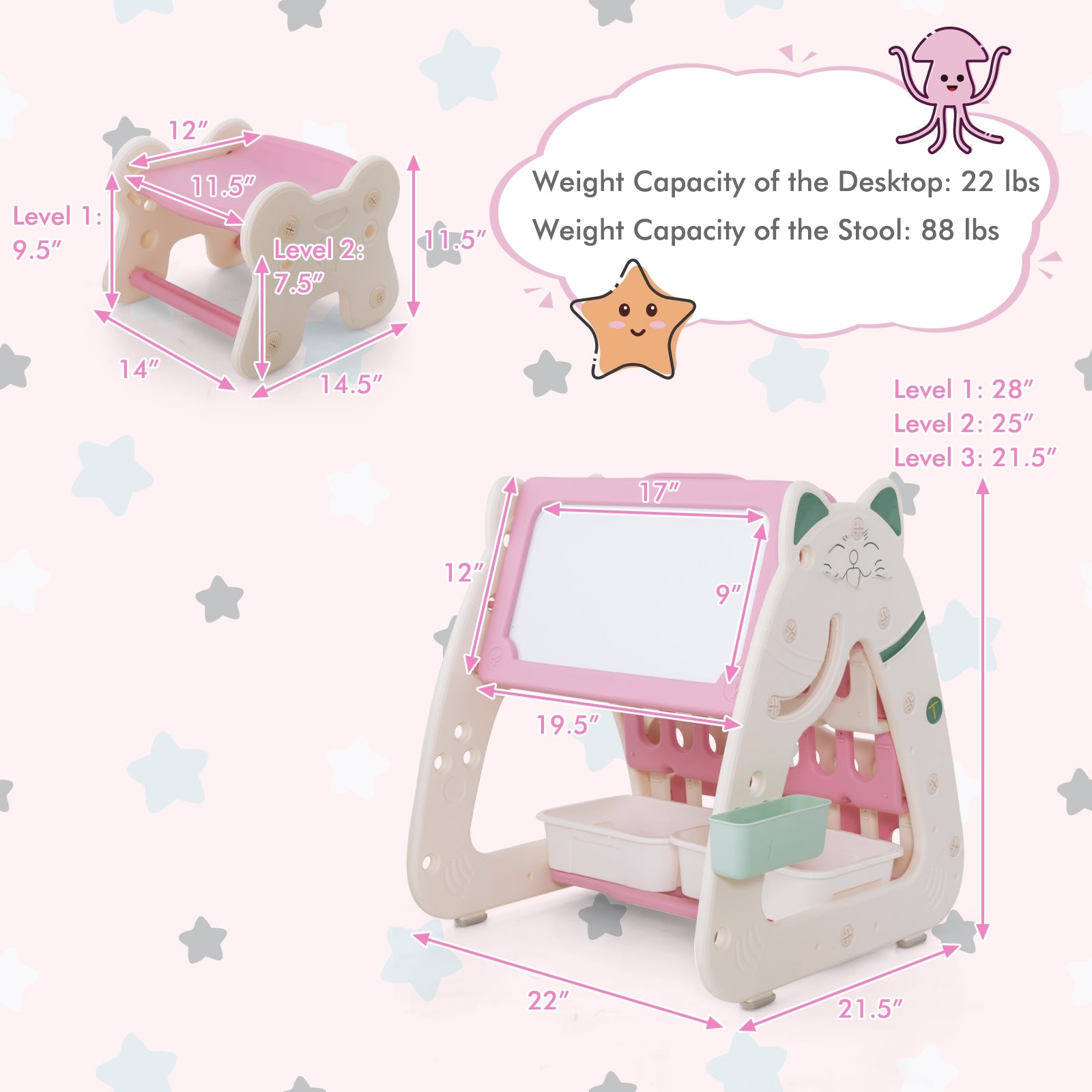 3-In-1 Double Sided Magnetic Dry-Erase Board with Stool and Flipped Writing Desktop, Pink Art Easels at Gallery Canada