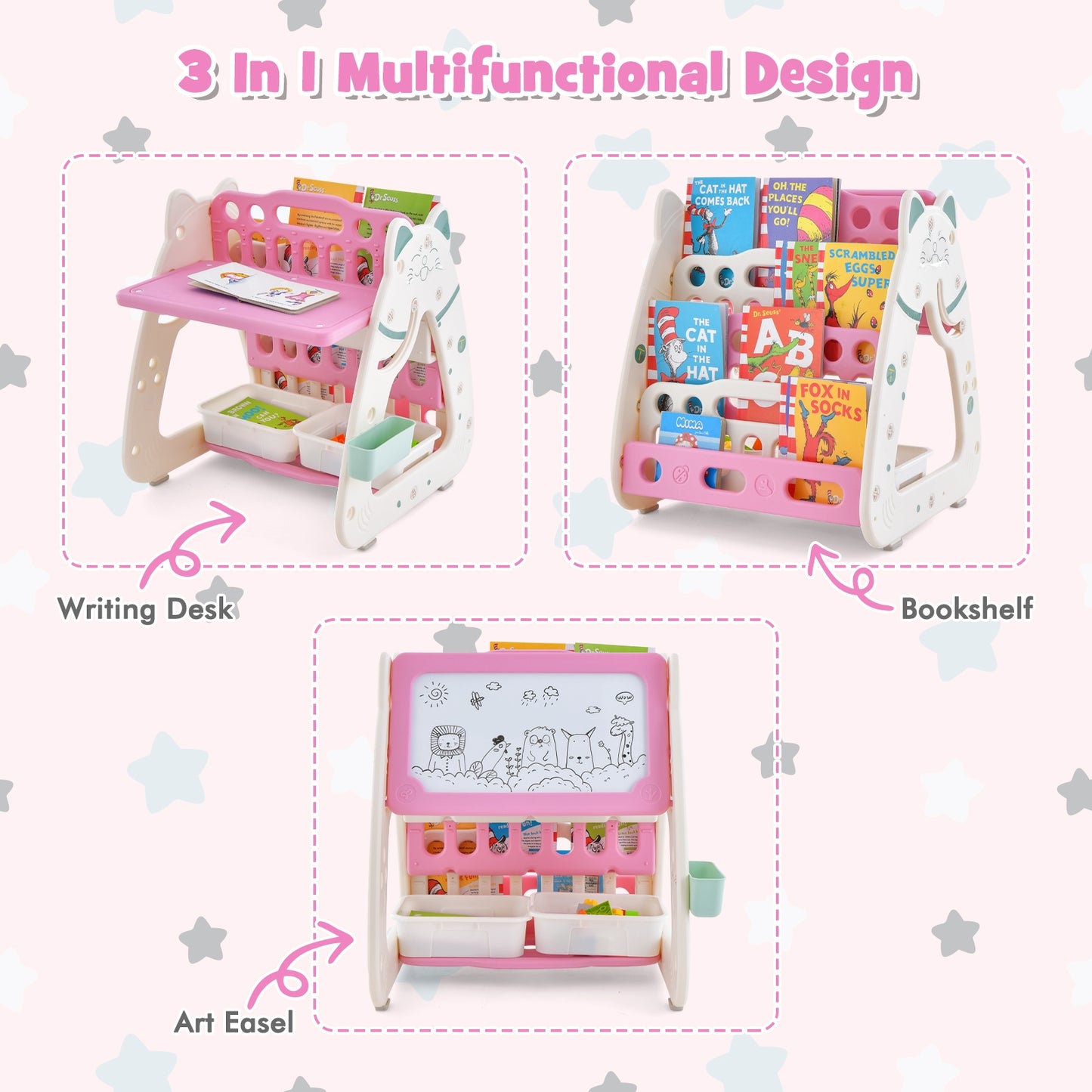 3-In-1 Double Sided Magnetic Dry-Erase Board with Stool and Flipped Writing Desktop, Pink Art Easels at Gallery Canada