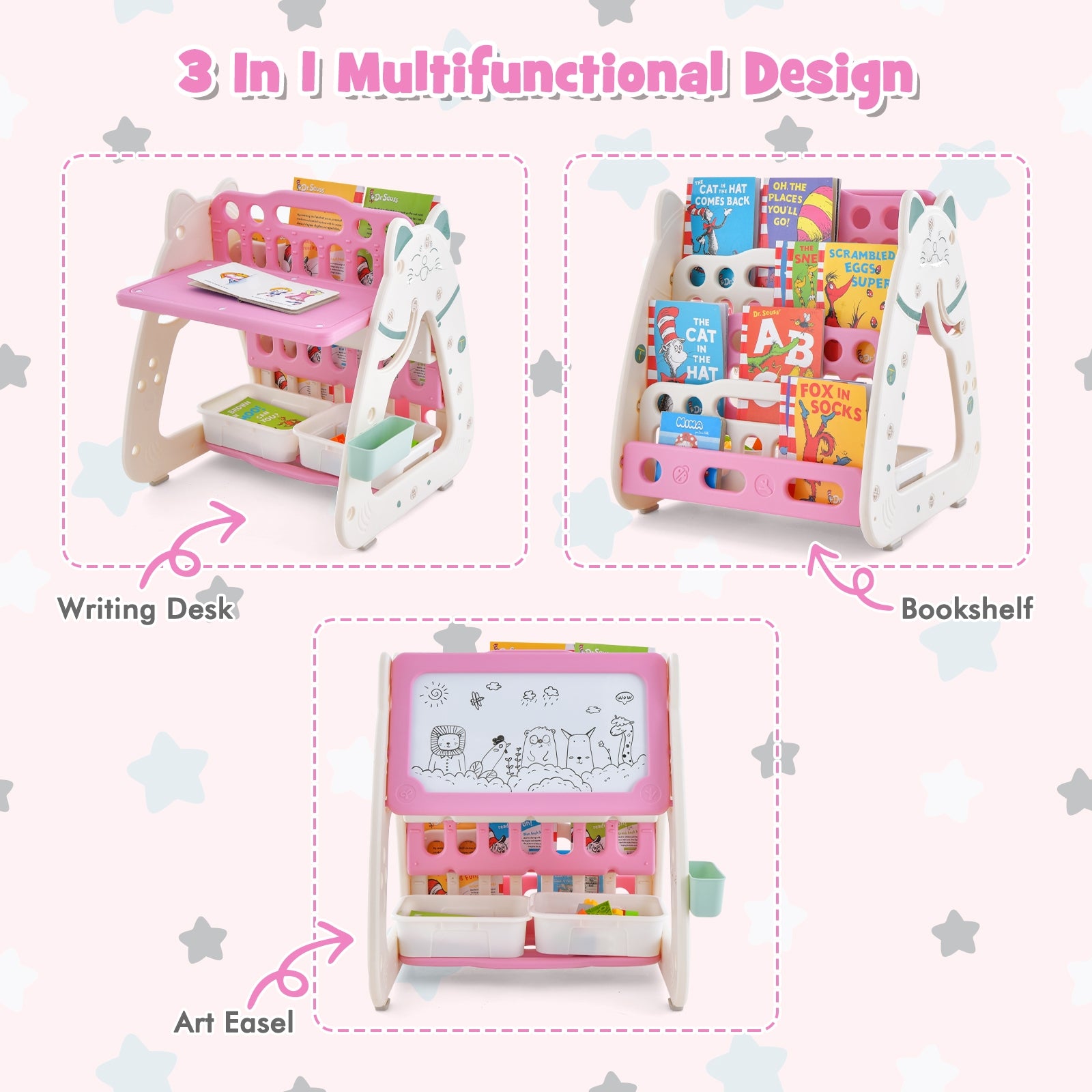 3-In-1 Double Sided Magnetic Dry-Erase Board with Stool and Flipped Writing Desktop, Pink Art Easels at Gallery Canada