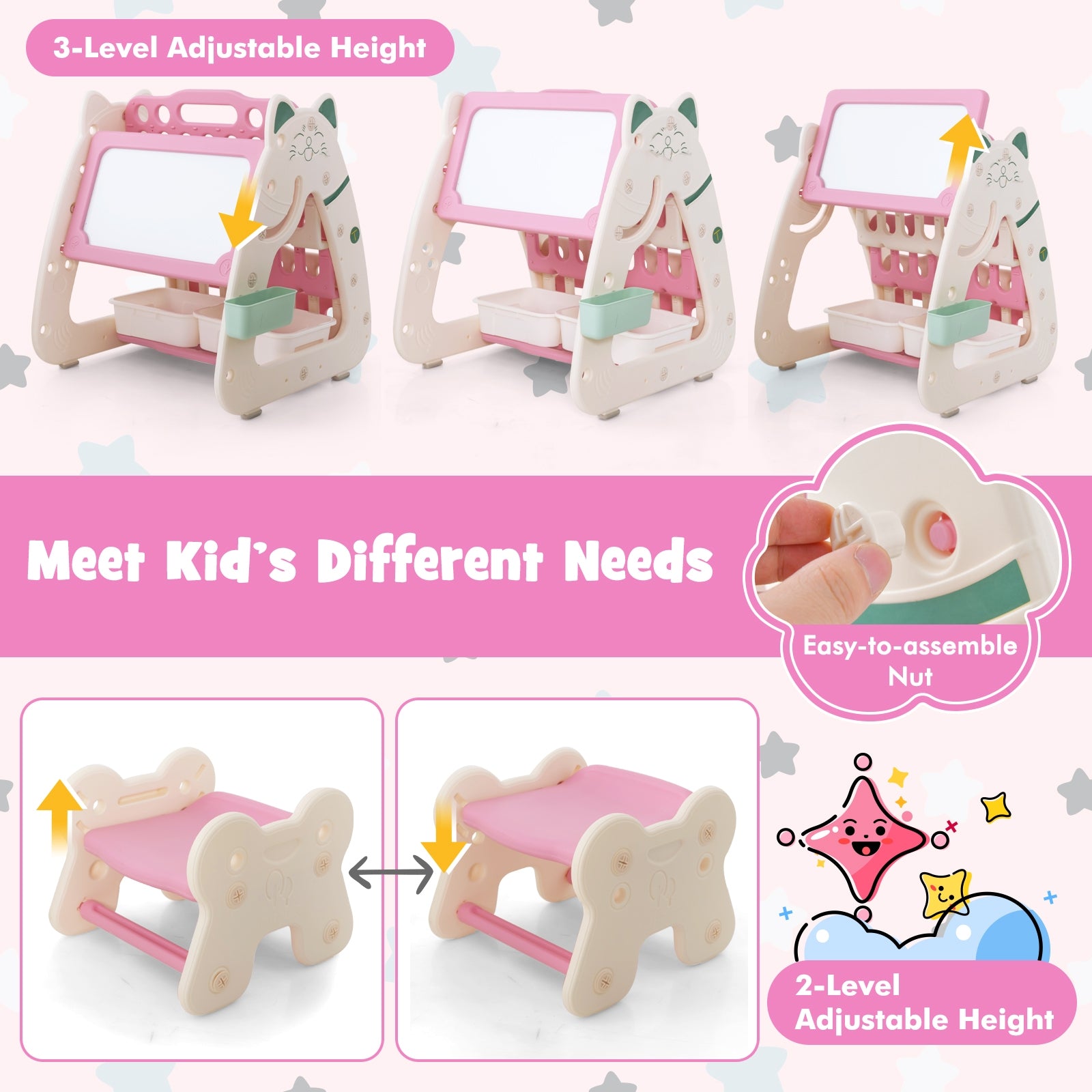 3-In-1 Double Sided Magnetic Dry-Erase Board with Stool and Flipped Writing Desktop, Pink Art Easels at Gallery Canada