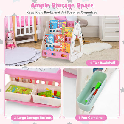 3-In-1 Double Sided Magnetic Dry-Erase Board with Stool and Flipped Writing Desktop, Pink
