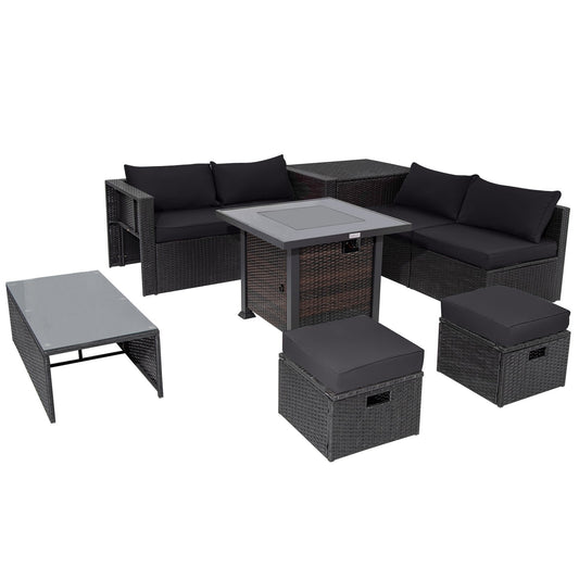 9 Pieces Patio Furniture Set with 32” Fire Pit Table and 50000 BTU Square Propane Fire Pit, Black Outdoor Seating & Patio Chairs Black at Gallery Canada