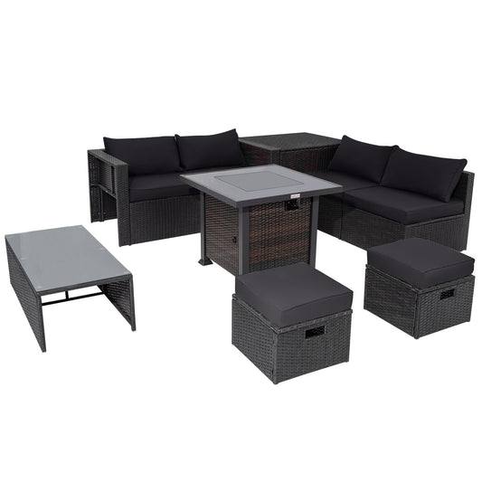 9 Pieces Patio Furniture Set with 32” Fire Pit Table and 50000 BTU Square Propane Fire Pit, Black