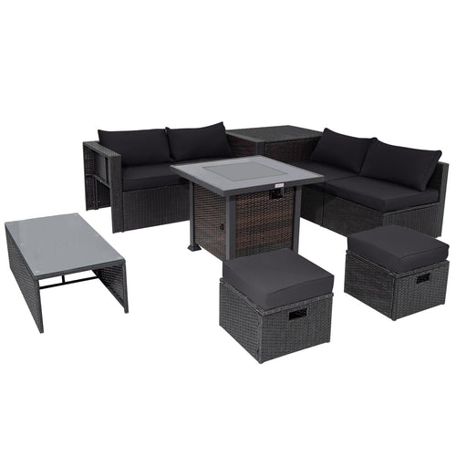 9 Pieces Patio Furniture Set with 32” Fire Pit Table and 50000 BTU Square Propane Fire Pit, Black