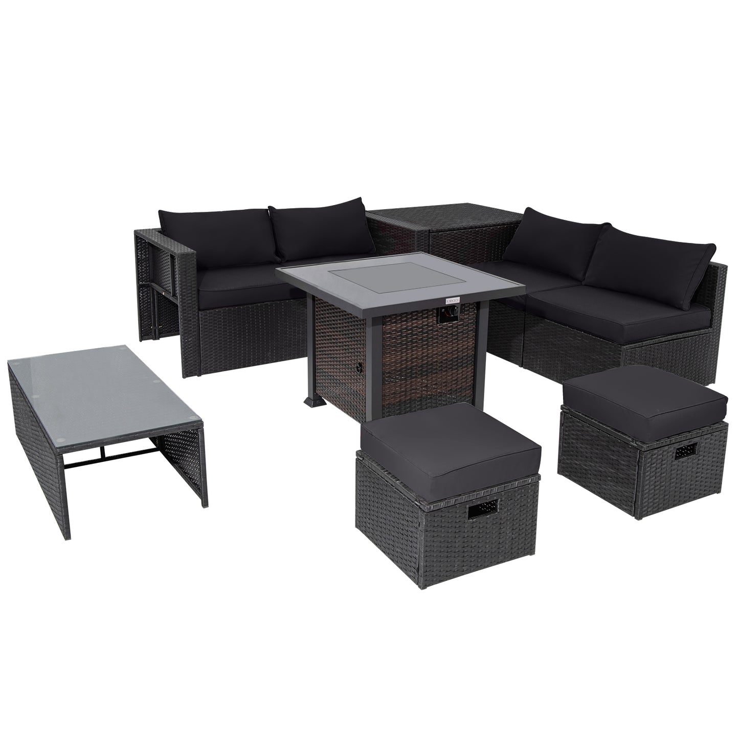 9 Piece Patio Set, 32" Fire Pit Table, 50000 BTU Square Propane, Black Outdoor Seating & Patio Chairs at Gallery Canada