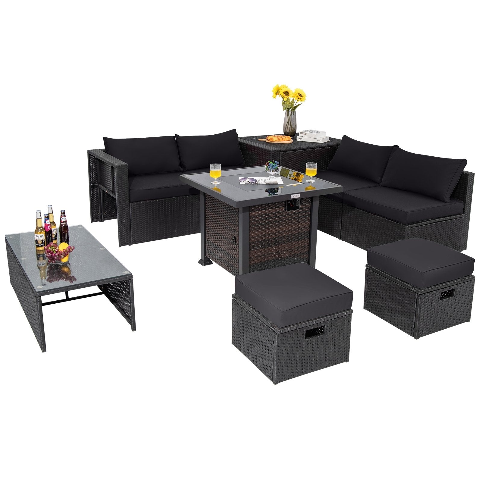 9 Pieces Patio Furniture Set with 32” Fire Pit Table and 50000 BTU Square Propane Fire Pit, Black at Gallery Canada