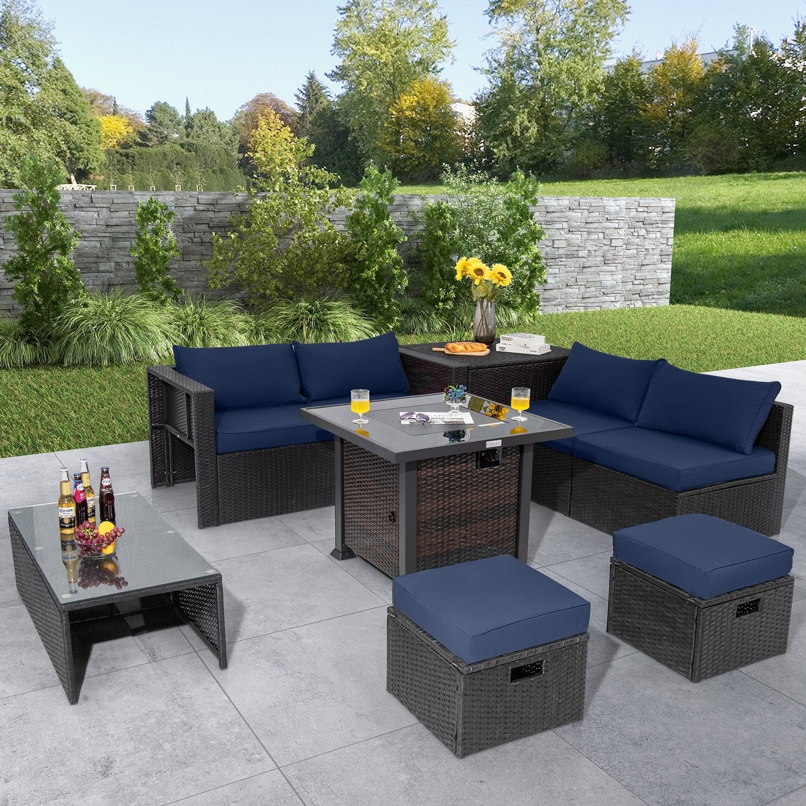 9 Pieces Patio Furniture Set with 32” Fire Pit Table and 50000 BTU Square Propane Fire Pit, Navy at Gallery Canada