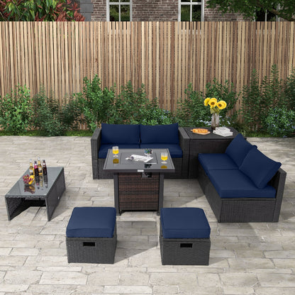 9 Pieces Patio Furniture Set with 32” Fire Pit Table and 50000 BTU Square Propane Fire Pit, Navy at Gallery Canada