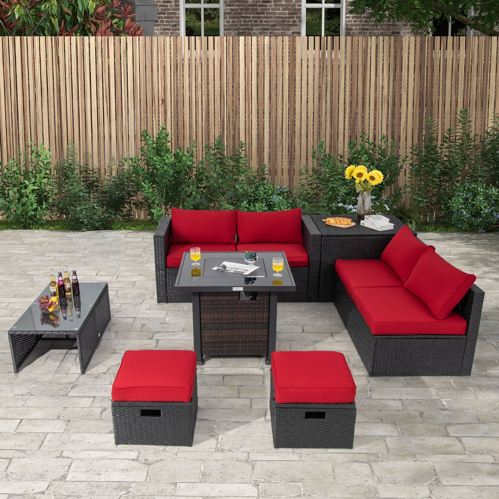 9 Pieces Patio Furniture Set with 32” Fire Pit Table and 50000 BTU Square Propane Fire Pit, Red Outdoor Seating & Patio Chairs at Gallery Canada