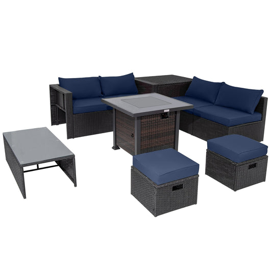 9 Pieces Patio Furniture Set with 32” Fire Pit Table and 50000 BTU Square Propane Fire Pit, Navy