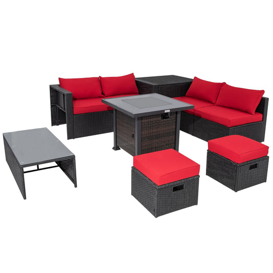 9 Pieces Patio Furniture Set with 32” Fire Pit Table and 50000 BTU Square Propane Fire Pit, Red - Gallery Canada