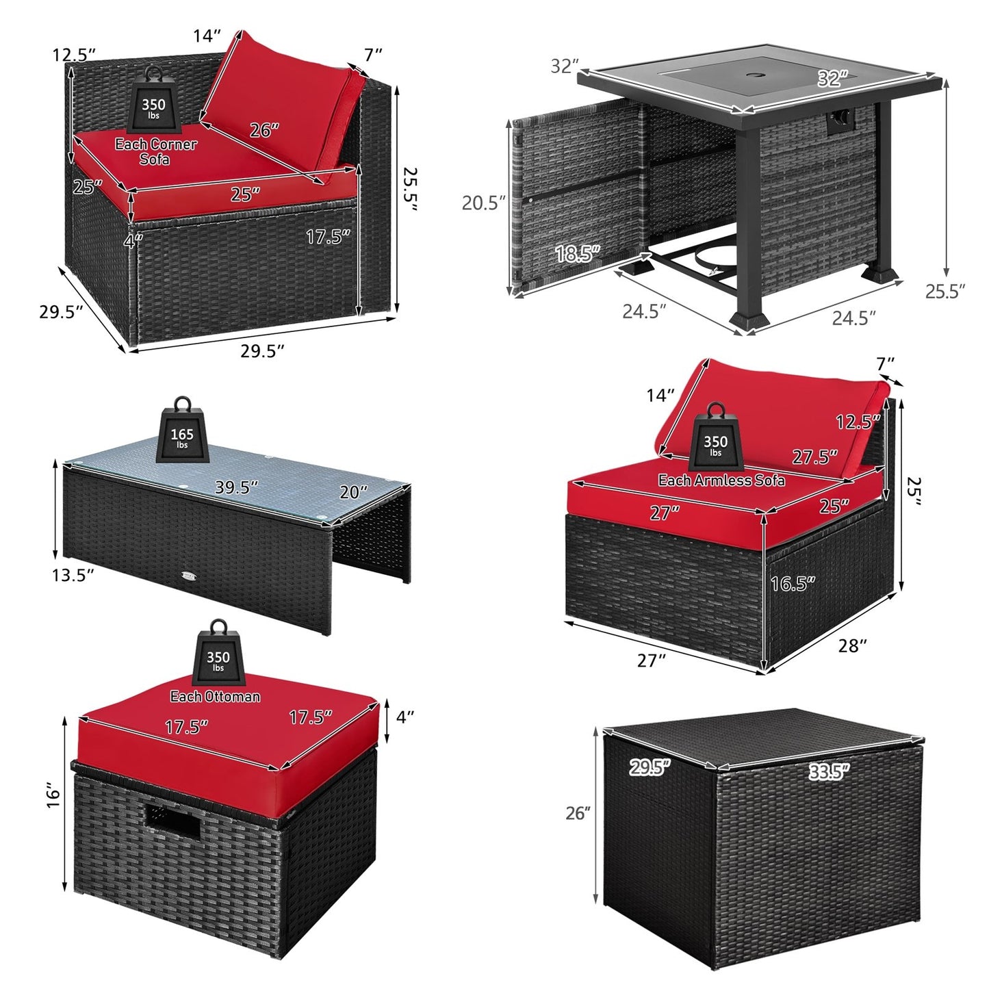 9 Pieces Patio Furniture Set with 32” Fire Pit Table and 50000 BTU Square Propane Fire Pit, Red at Gallery Canada