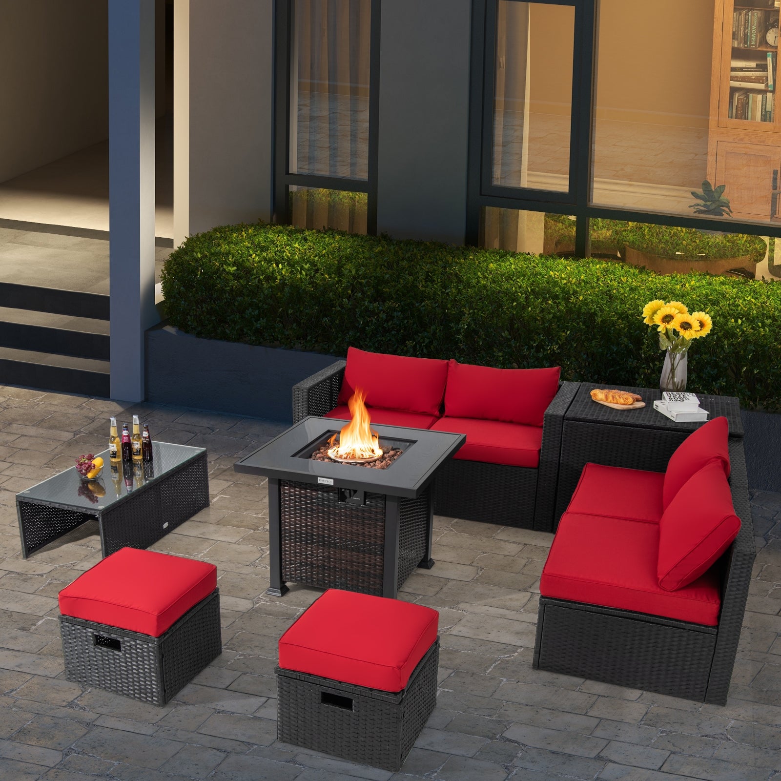 9 Pieces Patio Furniture Set with 32” Fire Pit Table and 50000 BTU Square Propane Fire Pit, Red Outdoor Seating & Patio Chairs at Gallery Canada