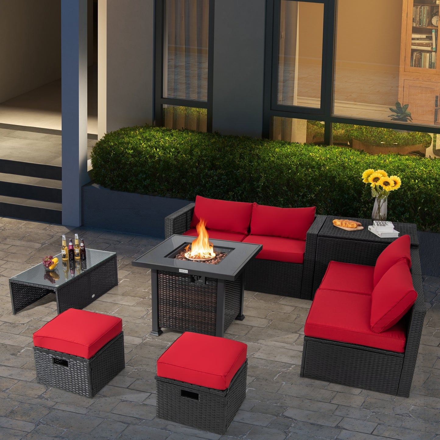 9 Pieces Patio Furniture Set with 32” Fire Pit Table and 50000 BTU Square Propane Fire Pit, Red Outdoor Seating & Patio Chairs at Gallery Canada
