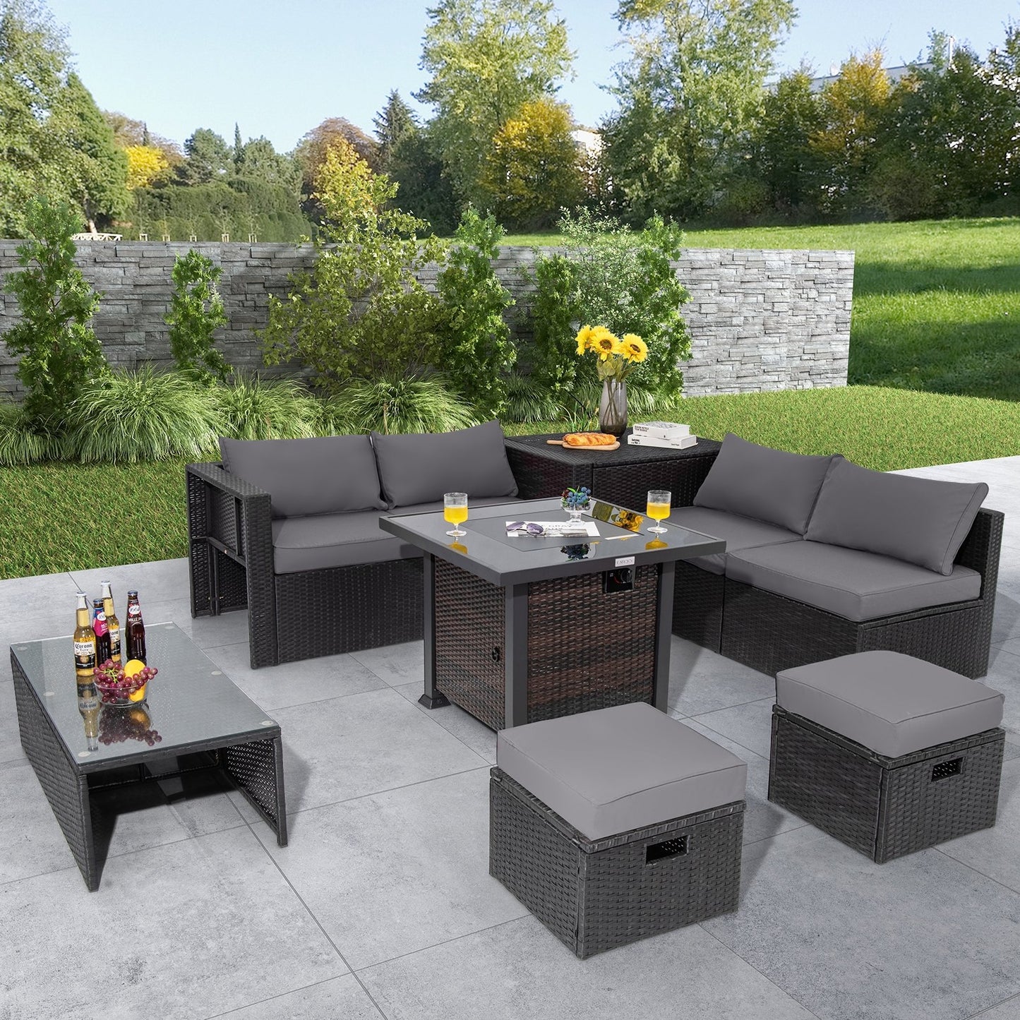 9 Pieces Patio Furniture Set with 32” Fire Pit Table and 50000 BTU Square Propane Fire Pit, Gray at Gallery Canada