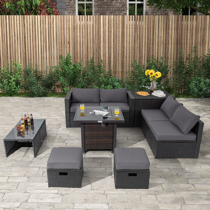 9 Pieces Patio Furniture Set with 32” Fire Pit Table and 50000 BTU Square Propane Fire Pit, Gray Outdoor Seating & Patio Chairs at Gallery Canada