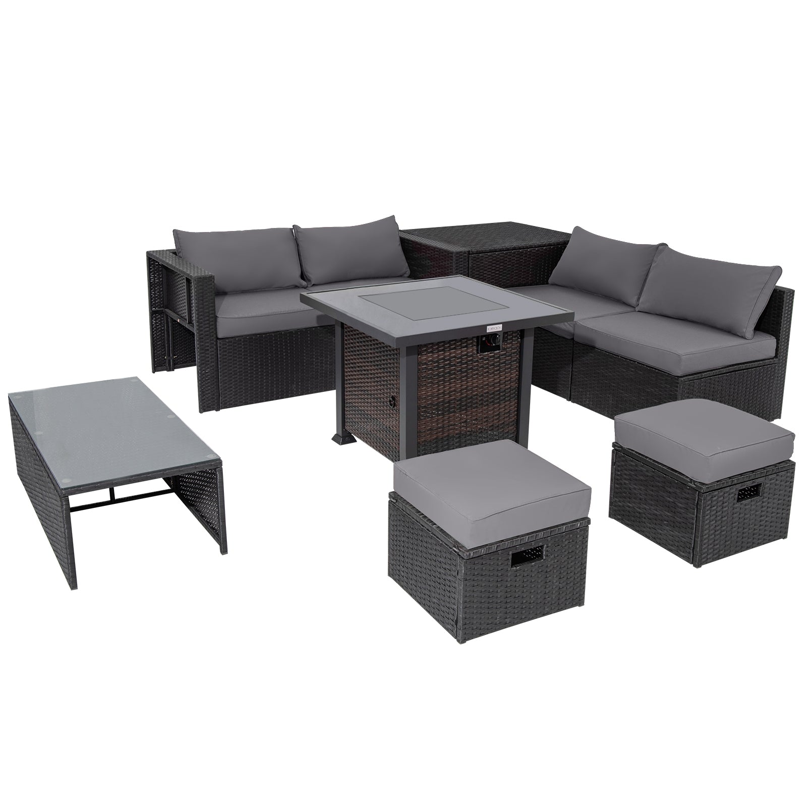 9 Pieces Patio Furniture Set with 32” Fire Pit Table and 50000 BTU Square Propane Fire Pit, Gray Outdoor Seating & Patio Chairs Gray at Gallery Canada