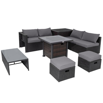 9 Pieces Patio Furniture Set with 32” Fire Pit Table and 50000 BTU Square Propane Fire Pit, Gray Outdoor Seating & Patio Chairs Gray at Gallery Canada