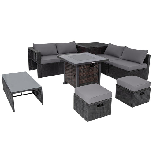 9 Piece Patio Set, 32” Fire Pit Table, 50000 BTU Propane Fire Pit, Gray