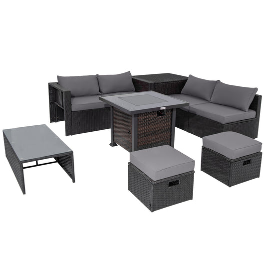 9 Piece Patio Set, 32” Fire Pit Table, 50000 BTU Propane Fire Pit, Gray