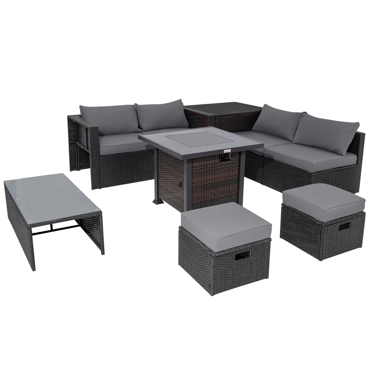 9 Pieces Patio Furniture Set with 32” Fire Pit Table and 50000 BTU Square Propane Fire Pit, Gray Outdoor Seating & Patio Chairs at Gallery Canada