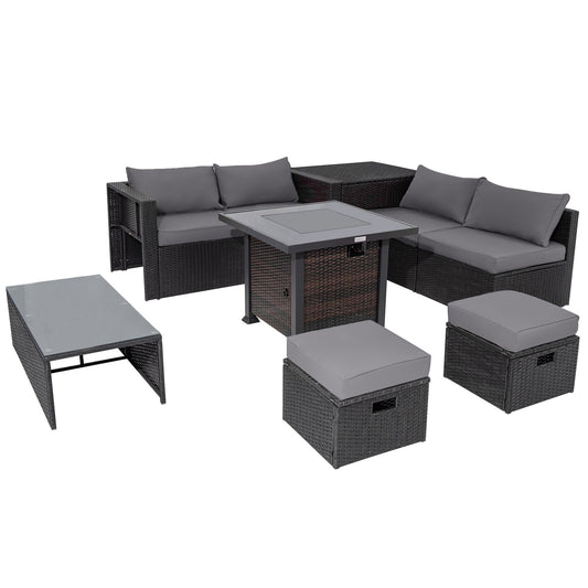 9 Pieces Patio Furniture Set with 32” Fire Pit Table and 50000 BTU Square Propane Fire Pit, Gray