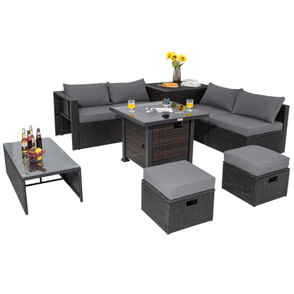 9 Pieces Patio Furniture Set with 32” Fire Pit Table and 50000 BTU Square Propane Fire Pit, Gray Outdoor Seating & Patio Chairs at Gallery Canada
