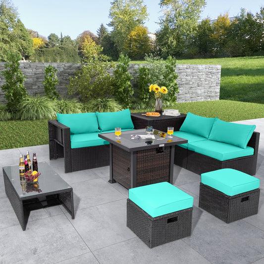 9 Pieces Patio Furniture Set with 32” Fire Pit Table and 50000 BTU Square Propane Fire Pit, Turquoise - Gallery Canada