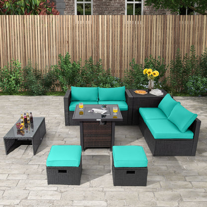 9 Pieces Patio Furniture Set with 32” Fire Pit Table and 50000 BTU Square Propane Fire Pit, Turquoise Outdoor Seating & Patio Chairs at Gallery Canada