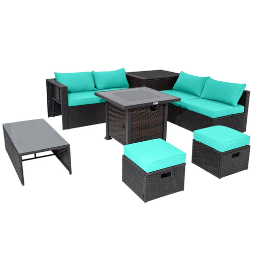 9 Piece Patio Set, 32” Fire Pit Table, 50000 BTU Square Propane, Turquoise