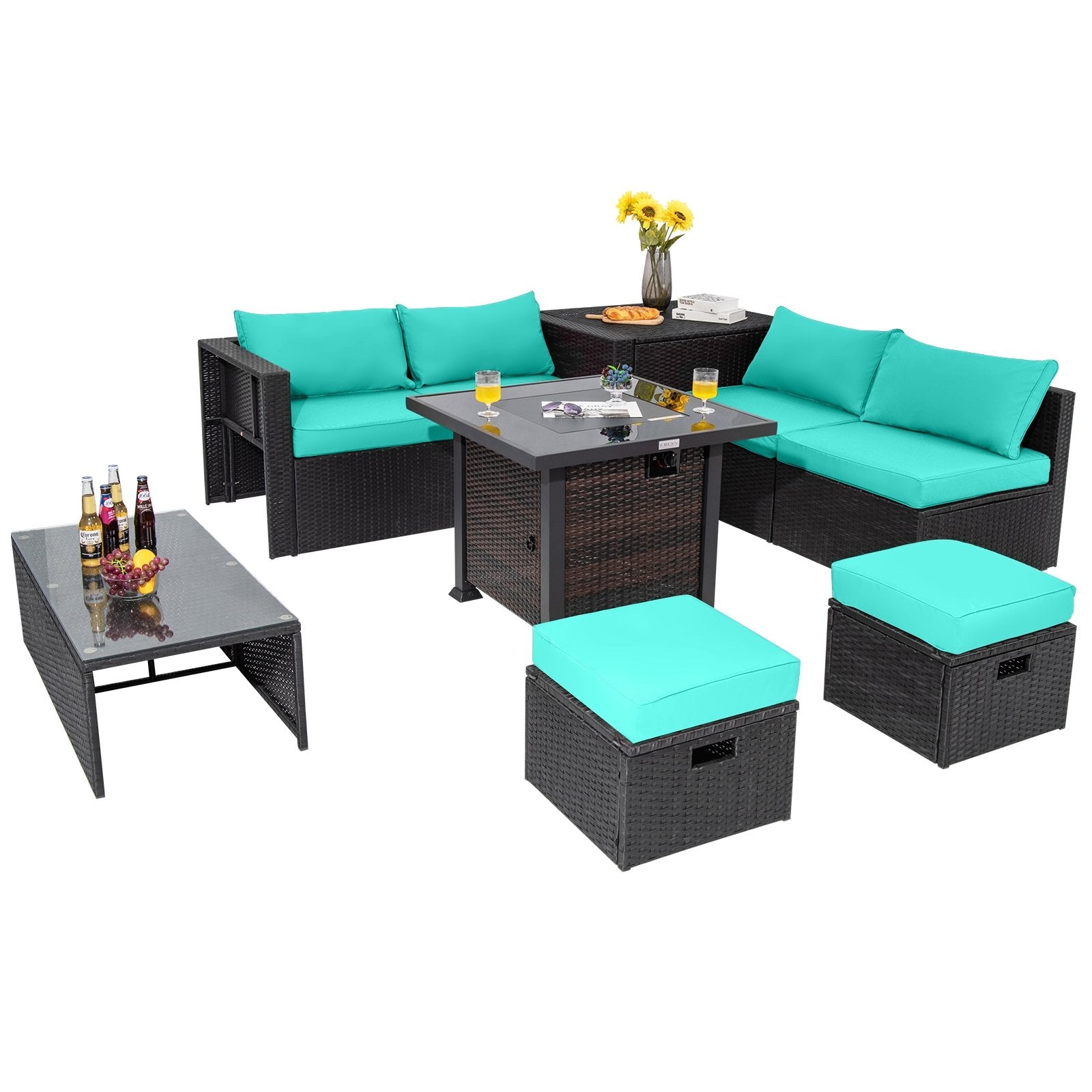 9 Pieces Patio Furniture Set with 32” Fire Pit Table and 50000 BTU Square Propane Fire Pit, Turquoise Outdoor Seating & Patio Chairs at Gallery Canada