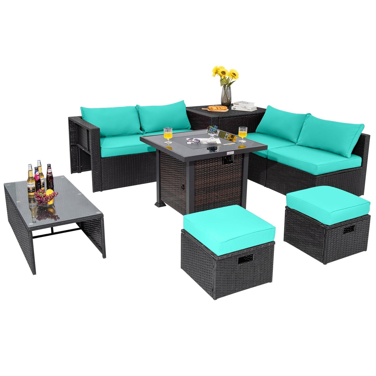 9 Pieces Patio Furniture Set with 32” Fire Pit Table and 50000 BTU Square Propane Fire Pit, Turquoise Outdoor Seating & Patio Chairs at Gallery Canada