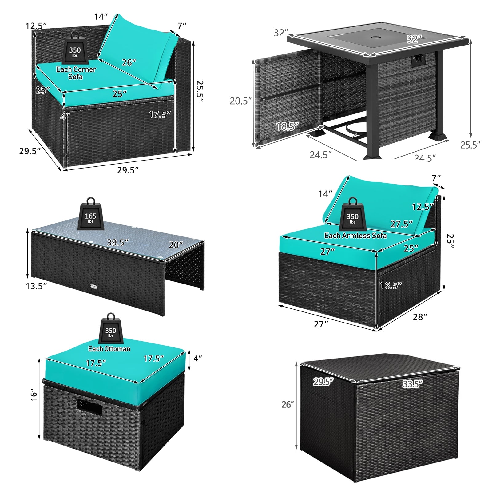 9 Pieces Patio Furniture Set with 32” Fire Pit Table and 50000 BTU Square Propane Fire Pit, Turquoise Outdoor Seating & Patio Chairs at Gallery Canada
