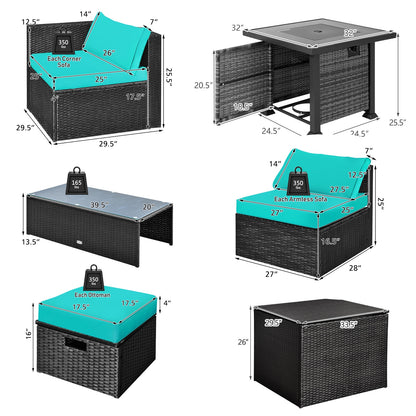 9 Pieces Patio Furniture Set with 32” Fire Pit Table and 50000 BTU Square Propane Fire Pit, Turquoise Outdoor Seating & Patio Chairs at Gallery Canada